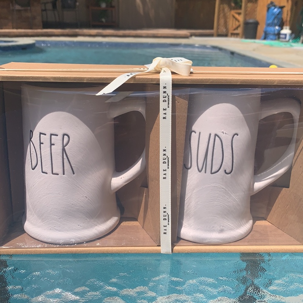 New Rae Dunn White BEER & SUDS Ceramic Beer Steins